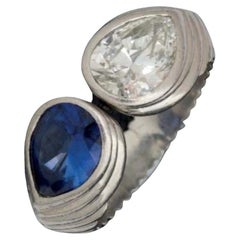Diamond and Blue Sapphire Twing Ring Platinum Pear Cut