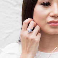 Diamond and Blue Sapphire Vintage Flower Cluster Ring in 18ct White Gold