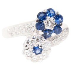 Diamond and Blue Sapphire Vintage Flower Cluster Ring in 18ct White Gold