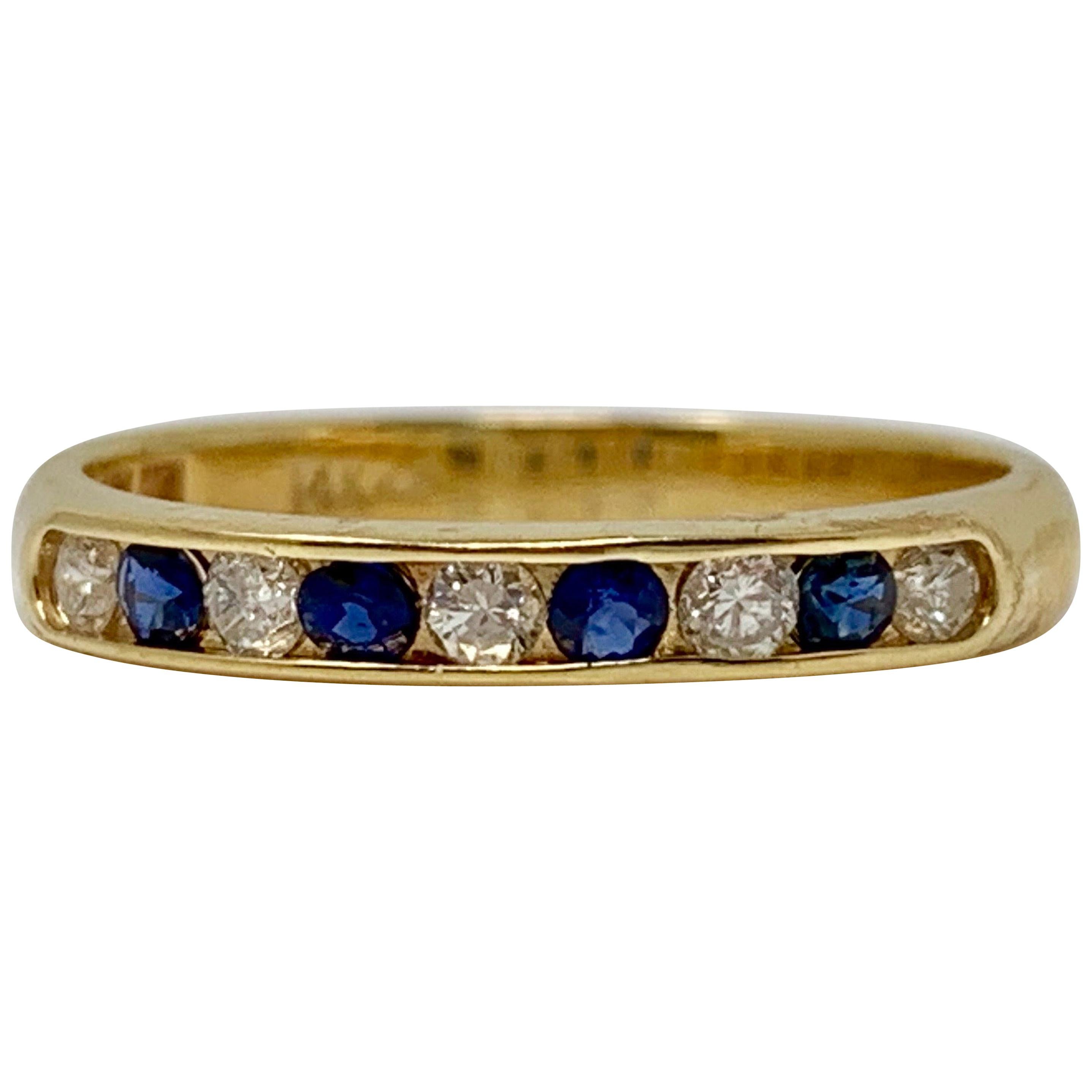 Diamond and Blue Sapphire Wedding Band in Yellow Gold For Sale