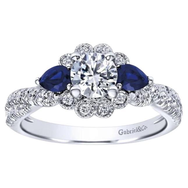 Diamond and Blue Sapphire White Gold Engagement Ring For Sale