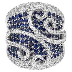 Vintage Diamond and Blue Sapphires Ring in 18k White Gold