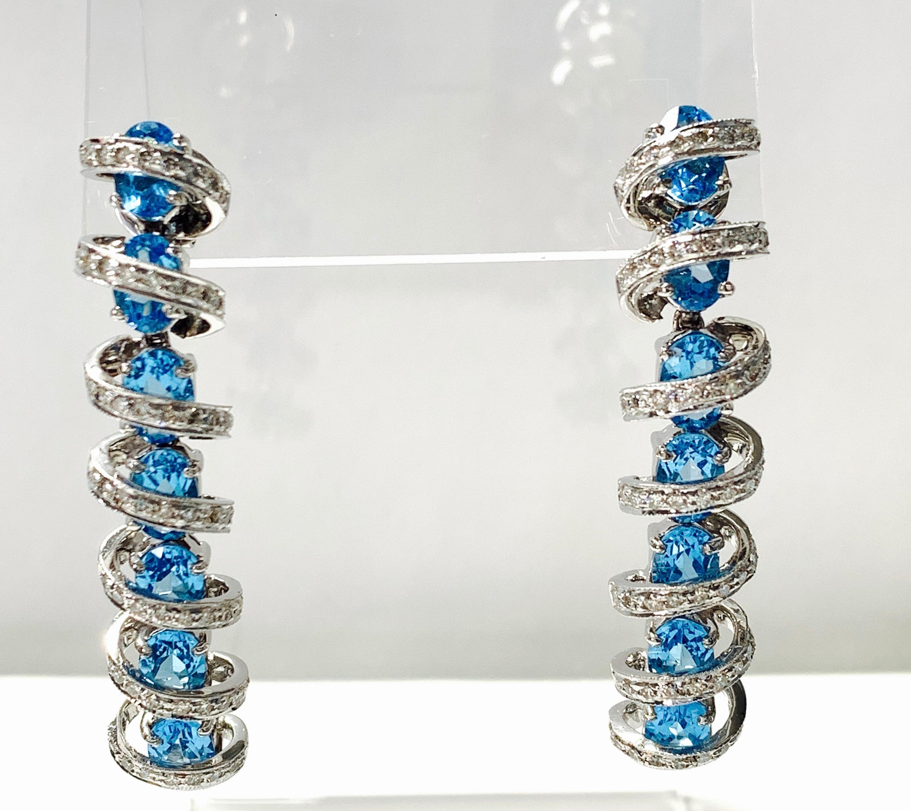 Women's or Men's Diamond and Blue Topaz Earrings in 18 Karat White Gold For Sale