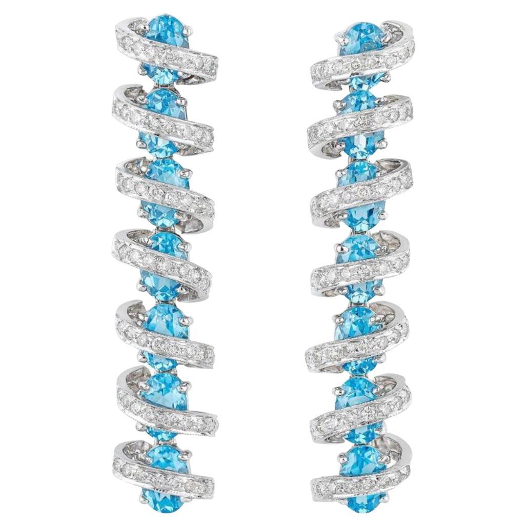 Diamond and Blue Topaz Earrings in 18 Karat White Gold For Sale