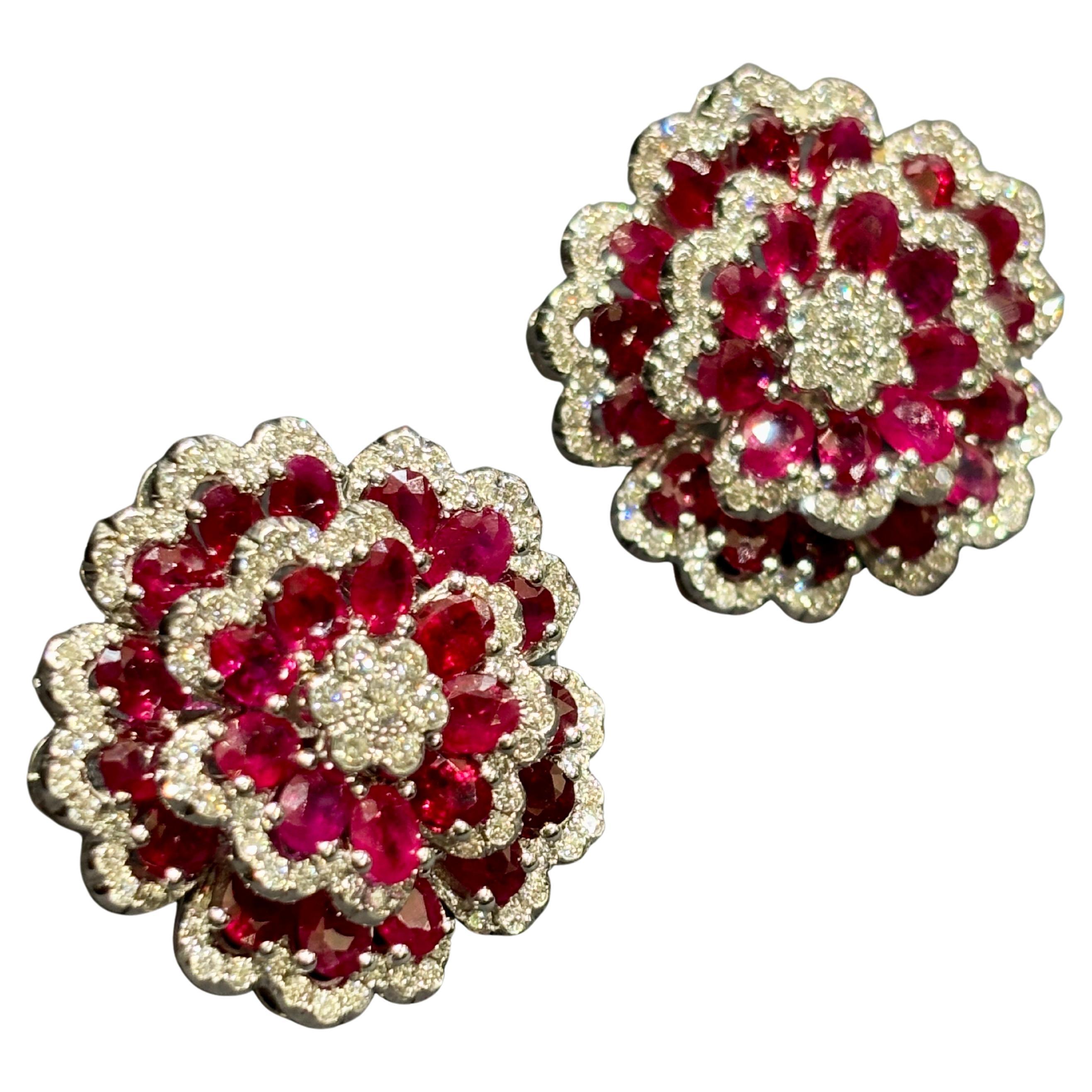 Italian 1980s 18k Gold Stud Earrings with Diamonds and Burmese Rubies