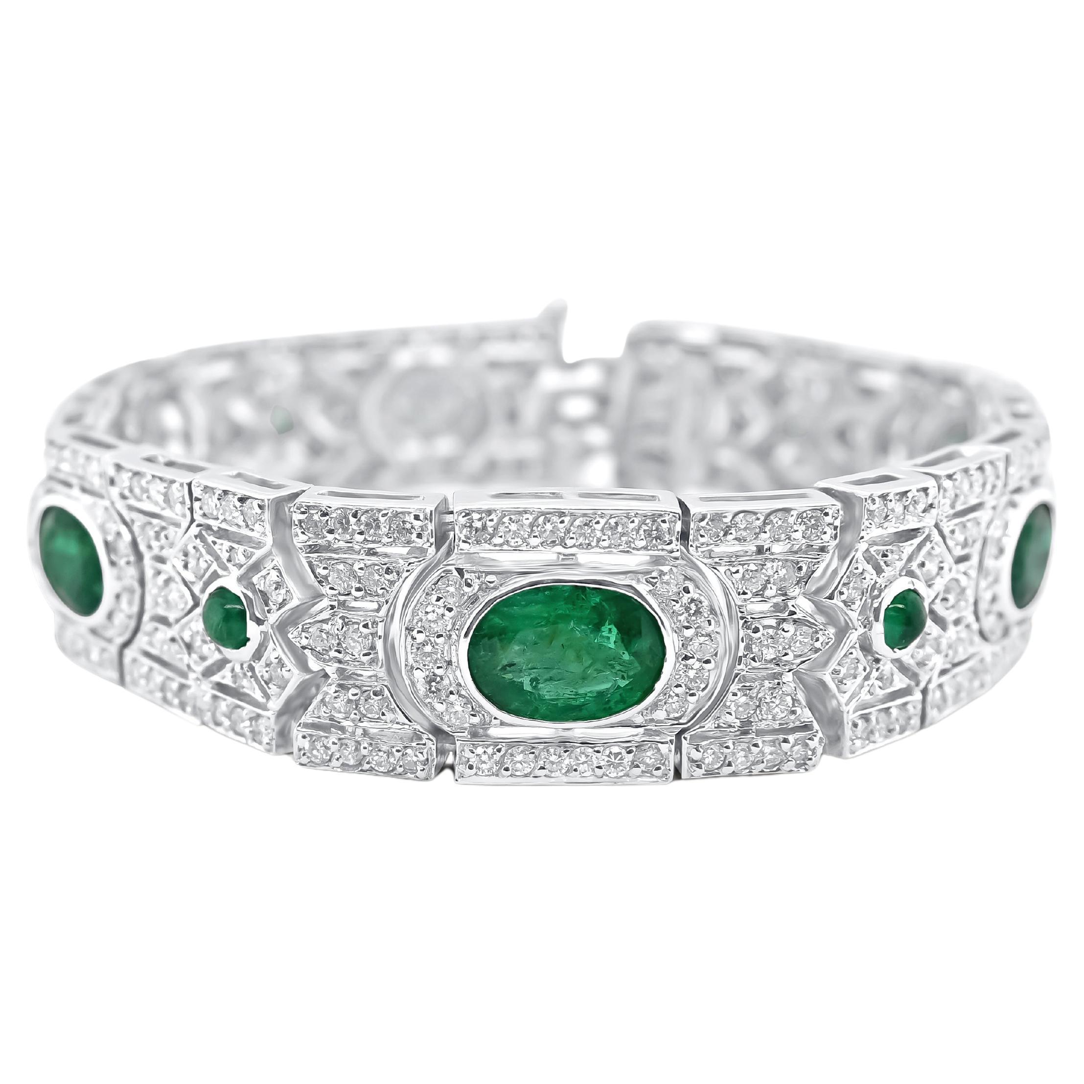 Diamond and Cabochon Emerald Bracelet For Sale