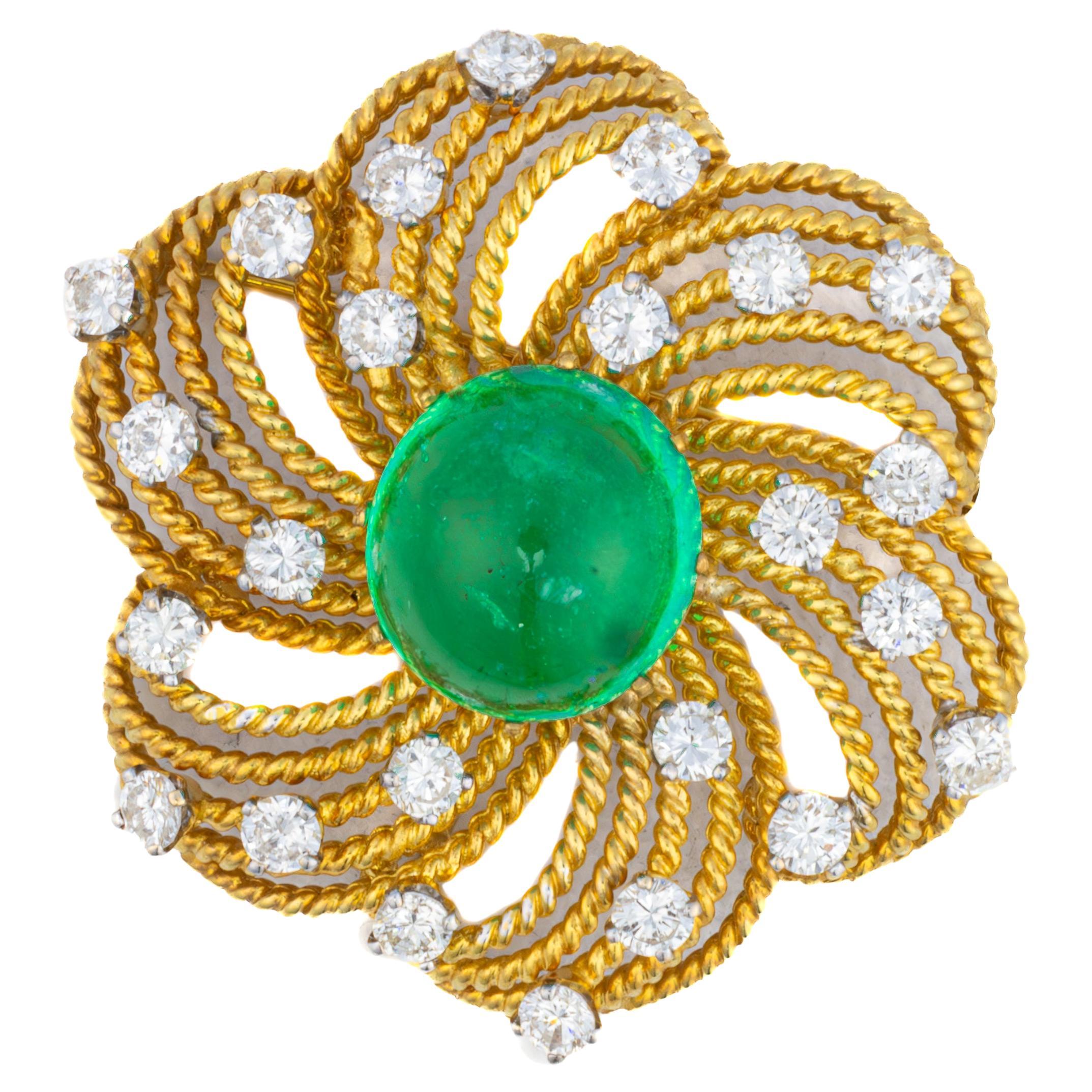 Diamond and Cabochon Emerald Floral Brooch