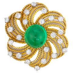 Diamond and Cabochon Emerald Floral Brooch