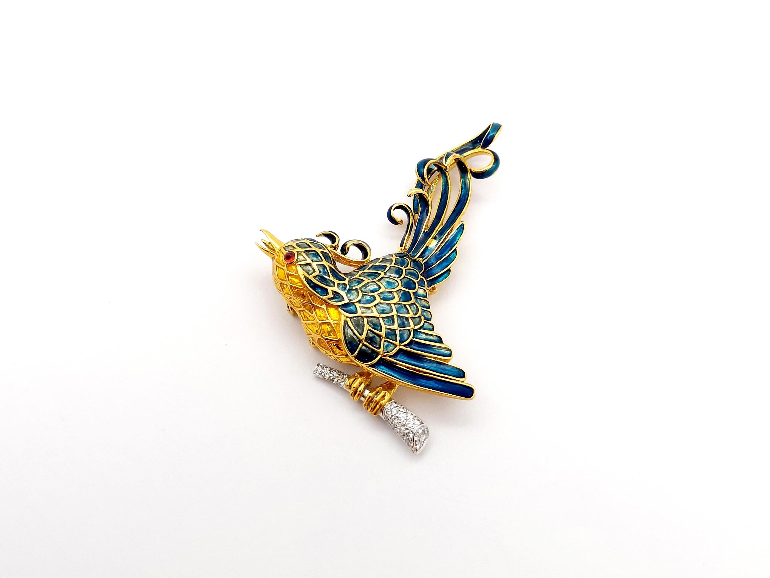 Diamond and Cabochon Ruby Bird Enamel Brooch set in 18K Gold Settings For Sale 4