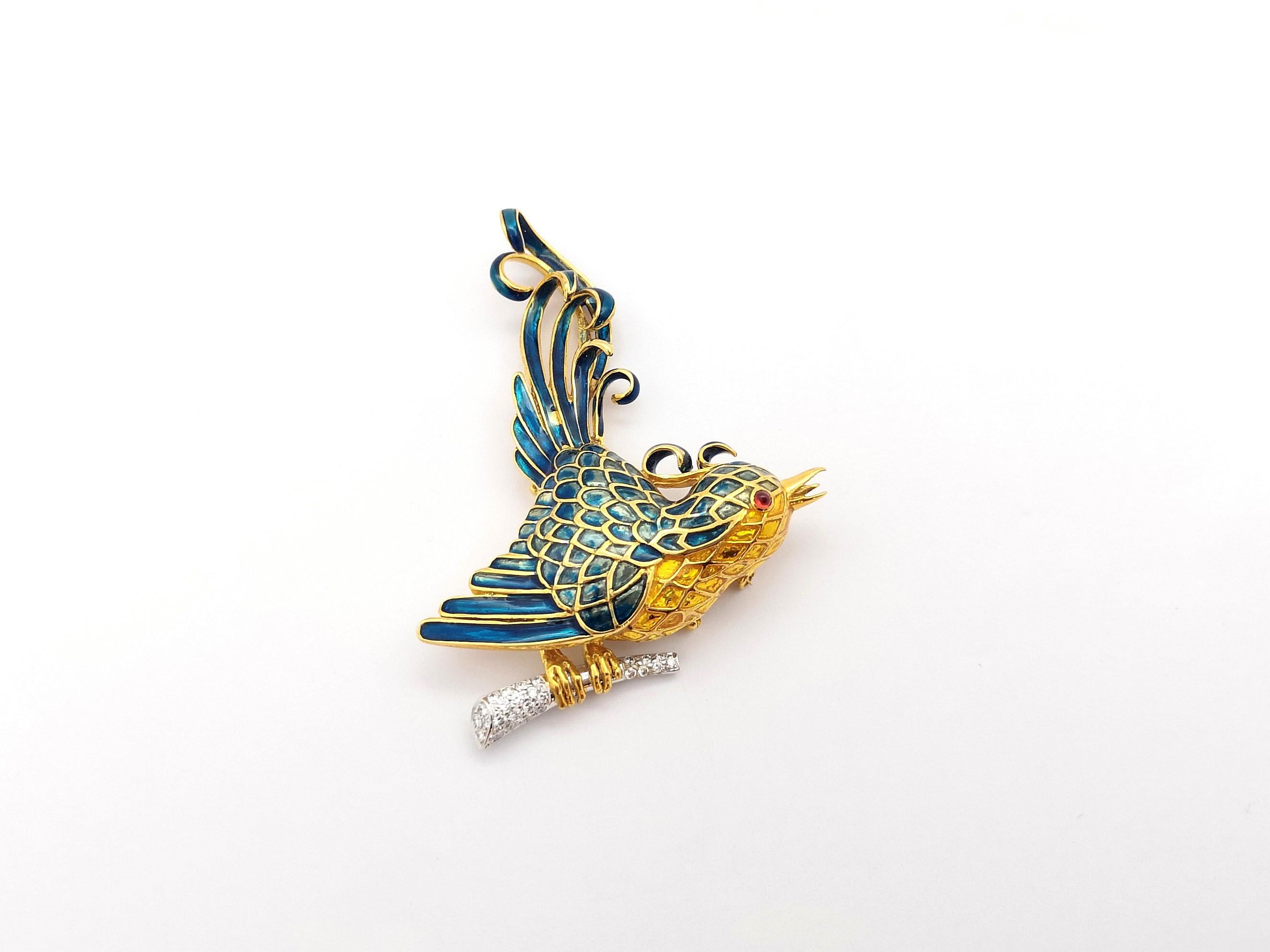 Contemporary Diamond and Cabochon Ruby Bird Enamel Brooch set in 18K Gold Settings For Sale