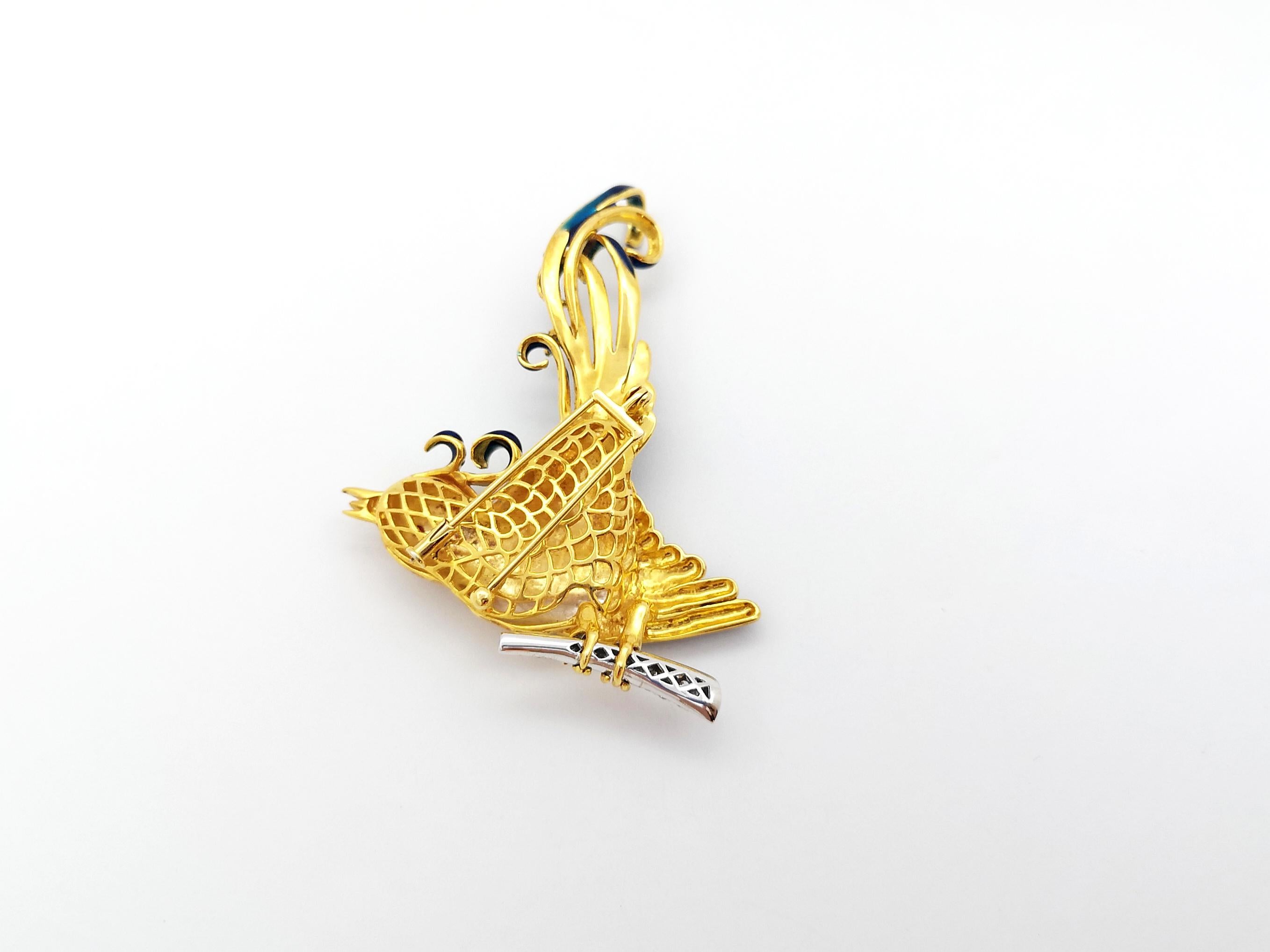 Women's or Men's Diamond and Cabochon Ruby Bird Enamel Brooch set in 18K Gold Settings For Sale