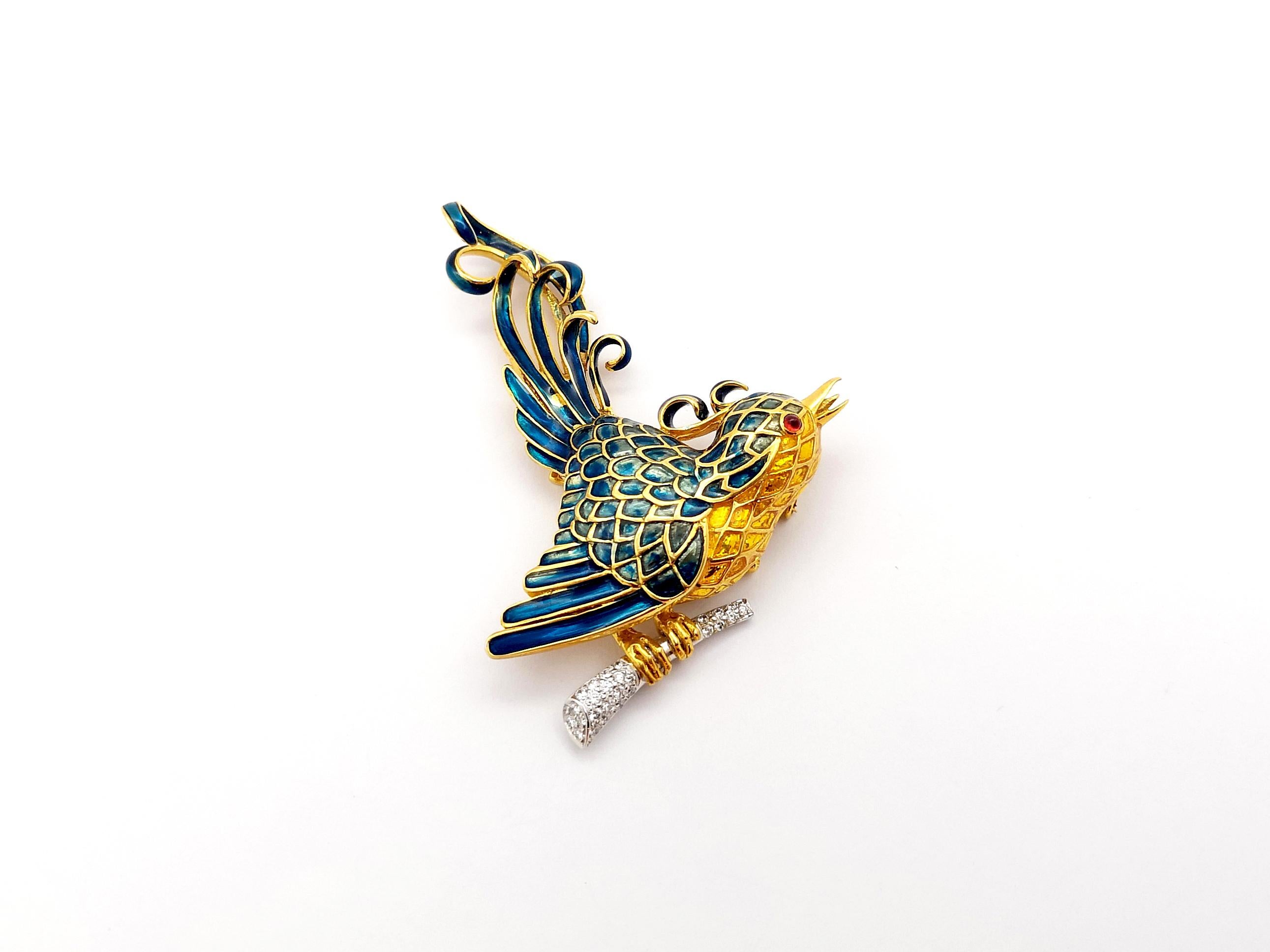 Diamond and Cabochon Ruby Bird Enamel Brooch set in 18K Gold Settings For Sale 1