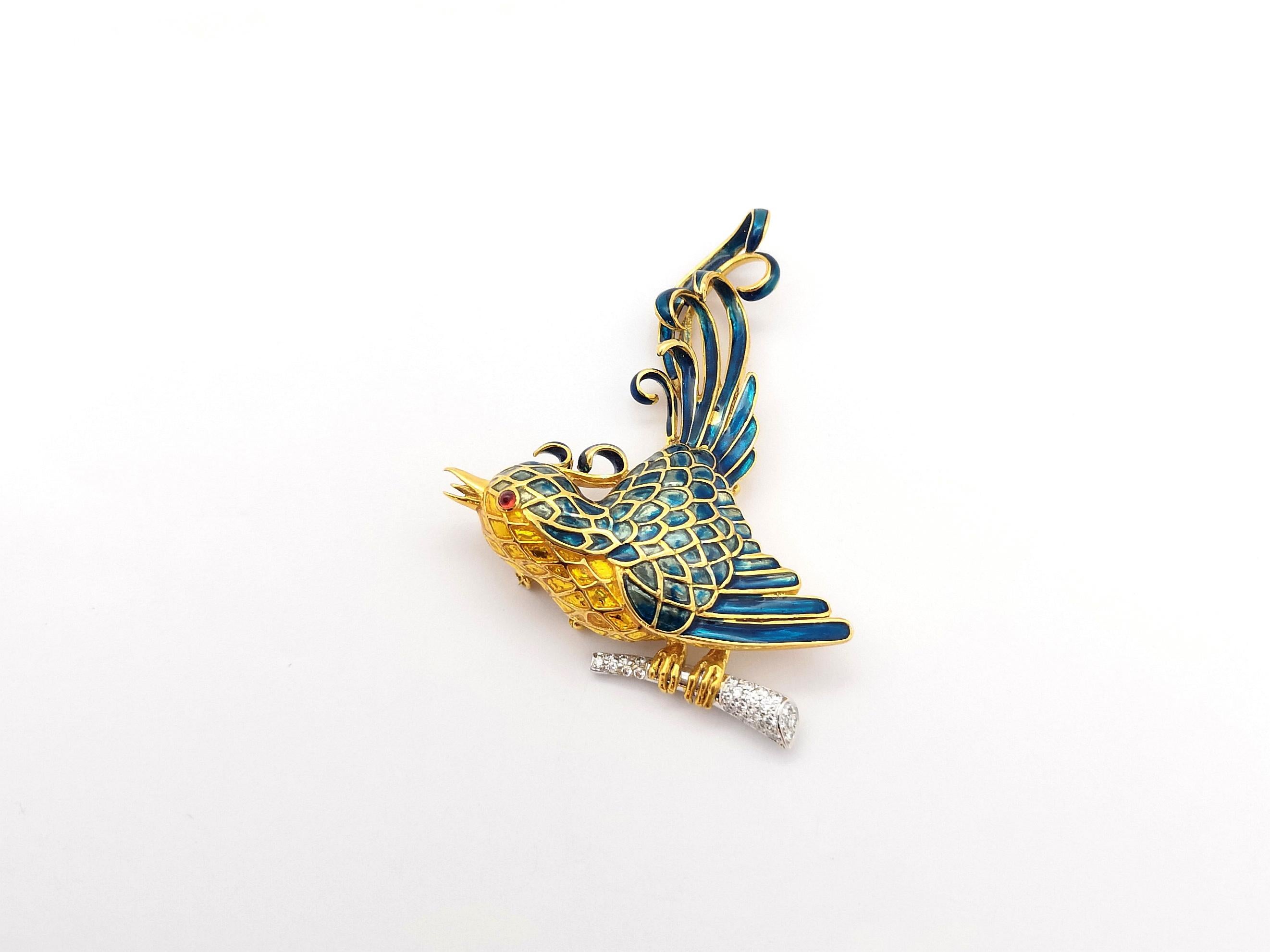Diamond and Cabochon Ruby Bird Enamel Brooch set in 18K Gold Settings For Sale 2