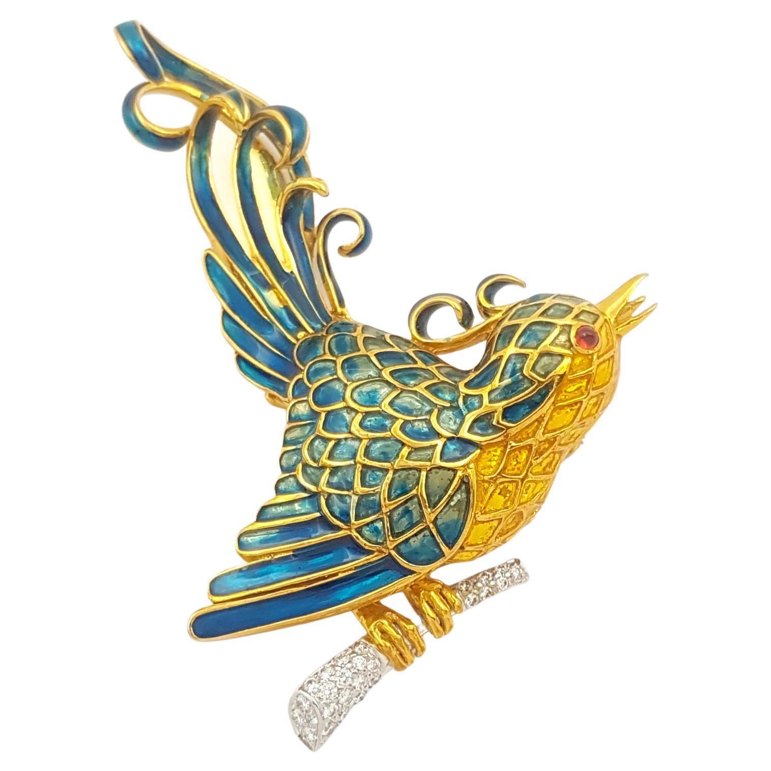 Broche en émail oiseau diamant et rubis cabochon sertie dans de l'or 18K en vente