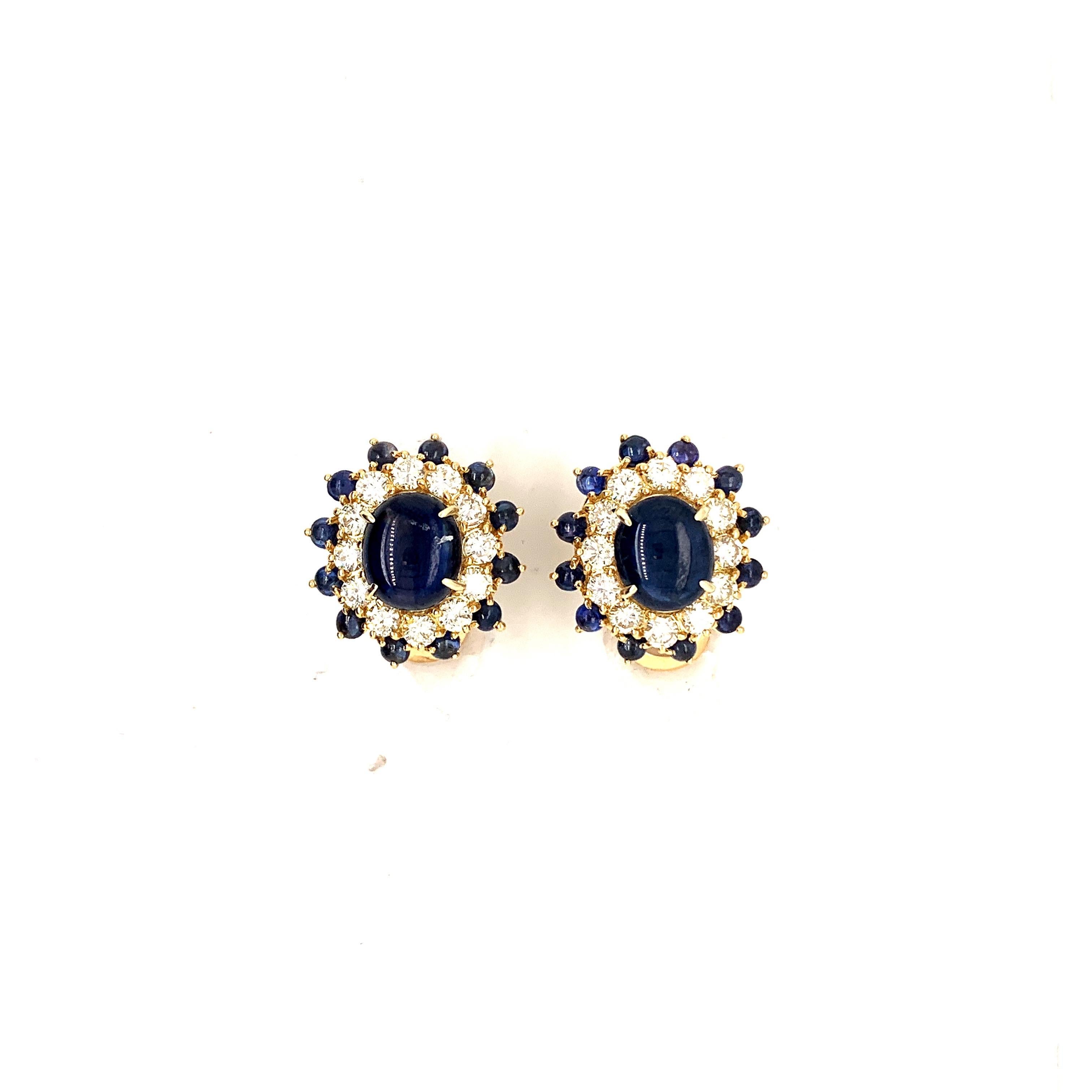 Royal like earrings featuring beautiful cabochon sapphires and Diamonds stunningly set in 14k Gold. These earrings clips are made to accommodate those without piercings.
Absolutely stunning, exceptionally priced!!

Viewings available in our NYC