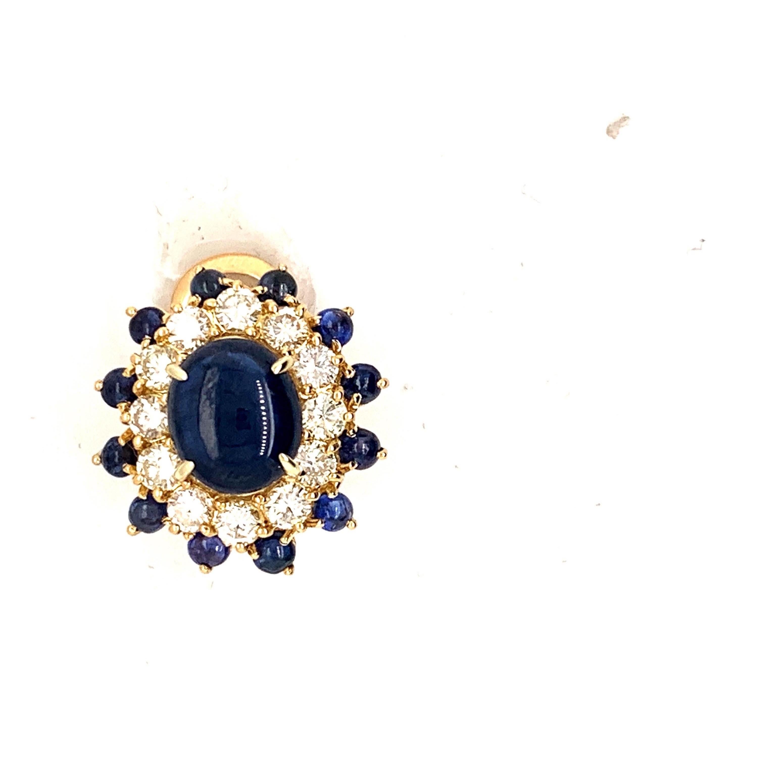 Round Cut Diamond and Cabochon Sapphire Earring Clips For Sale