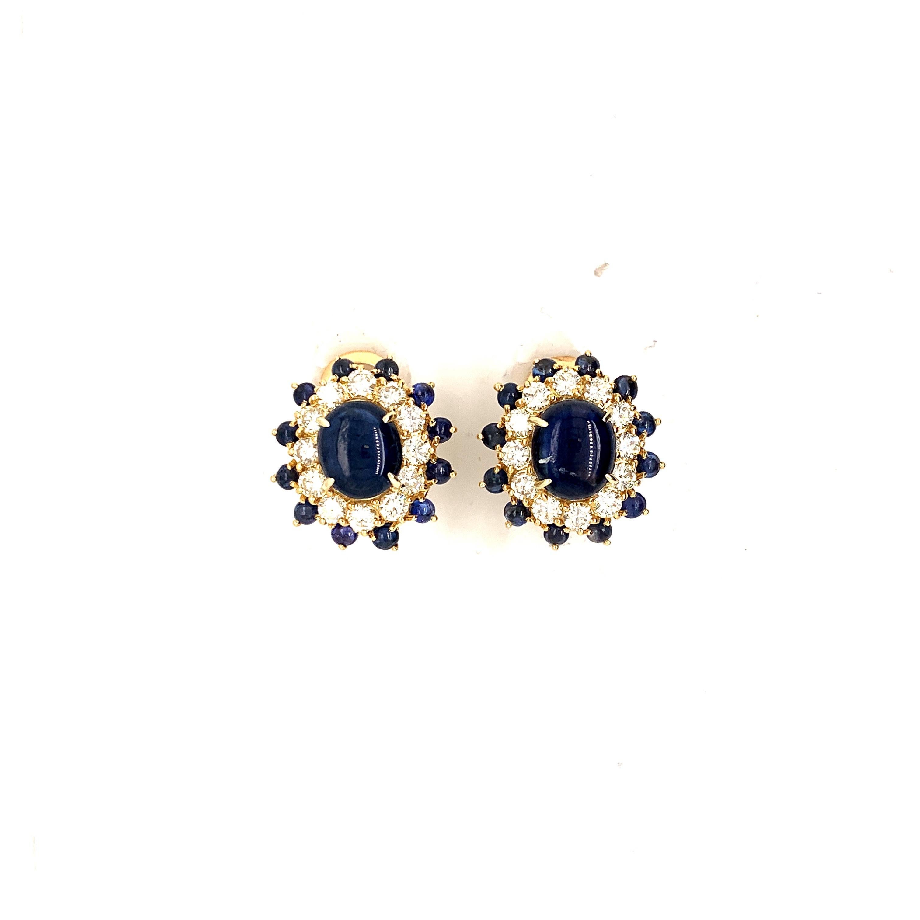 Diamond and Cabochon Sapphire Earring Clips In Excellent Condition For Sale In New York, NY
