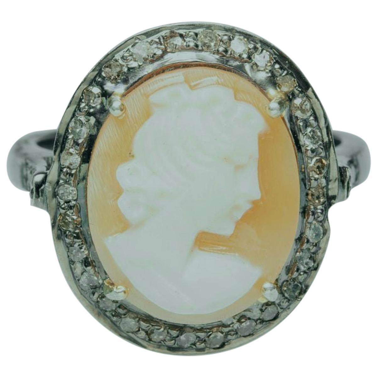 Diamond and Cameo Ring in Sterling Silver For Sale