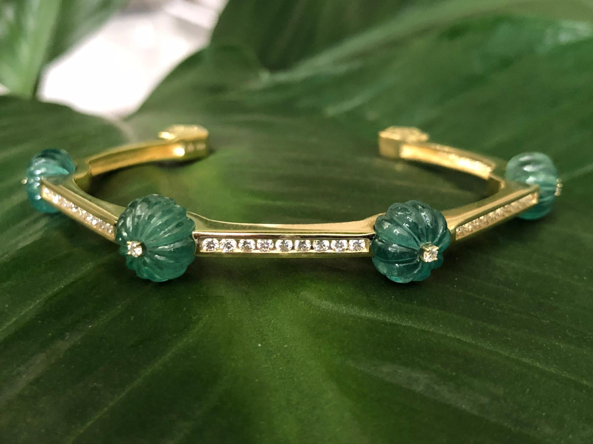 Contemporary Diamond and Carved Emerald Yellow Gold Bracelet by Andrew Glassford