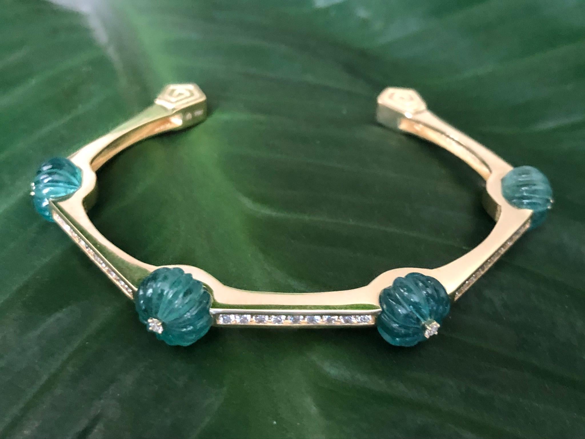 Round Cut Diamond and Carved Emerald Yellow Gold Bracelet by Andrew Glassford