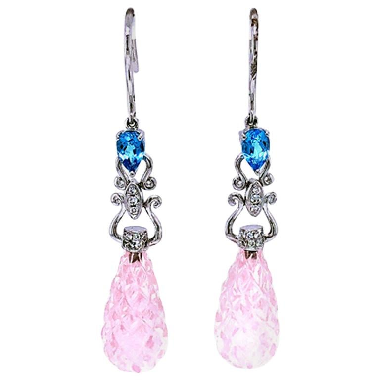 Diamond and Carved Pink Quartz Large Drop Earrings, 18 Karat White Gold For Sale
