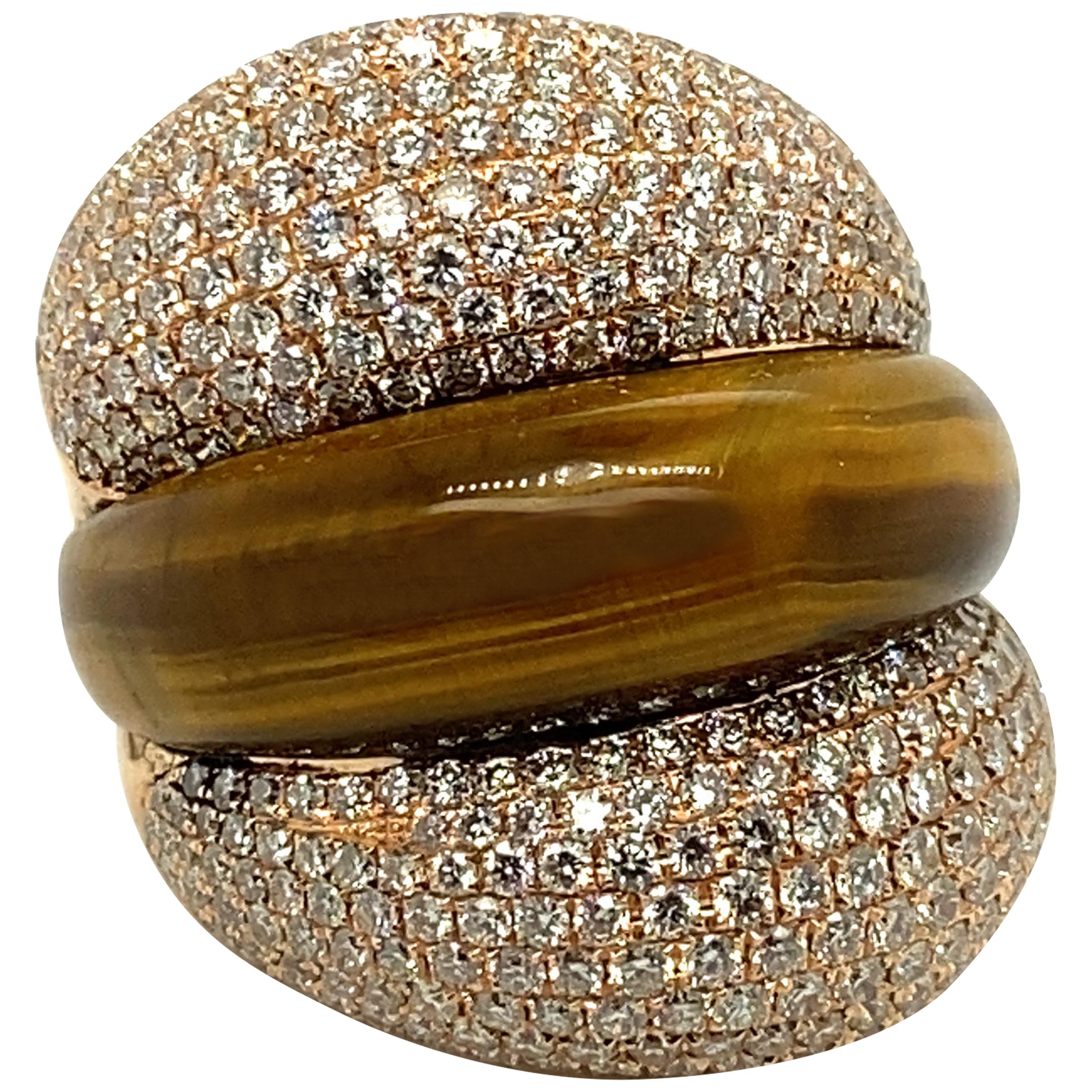Diamond and Carved Tiger's Eye Quartz Polished 18 Karat Gold Cocktail Ring For Sale