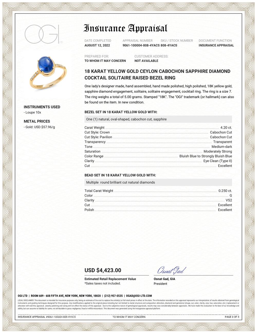 Kuppelring aus achtzehn Karat Gelbgold mit erhöhter Lünette
Ceylon-Cabochon-Saphir mit Gewicht  4,20 Karat
Pave-Diamanten mit einem Gewicht von 0,25                                                                   
Ringgröße 7,25 voll 
Ring mit den