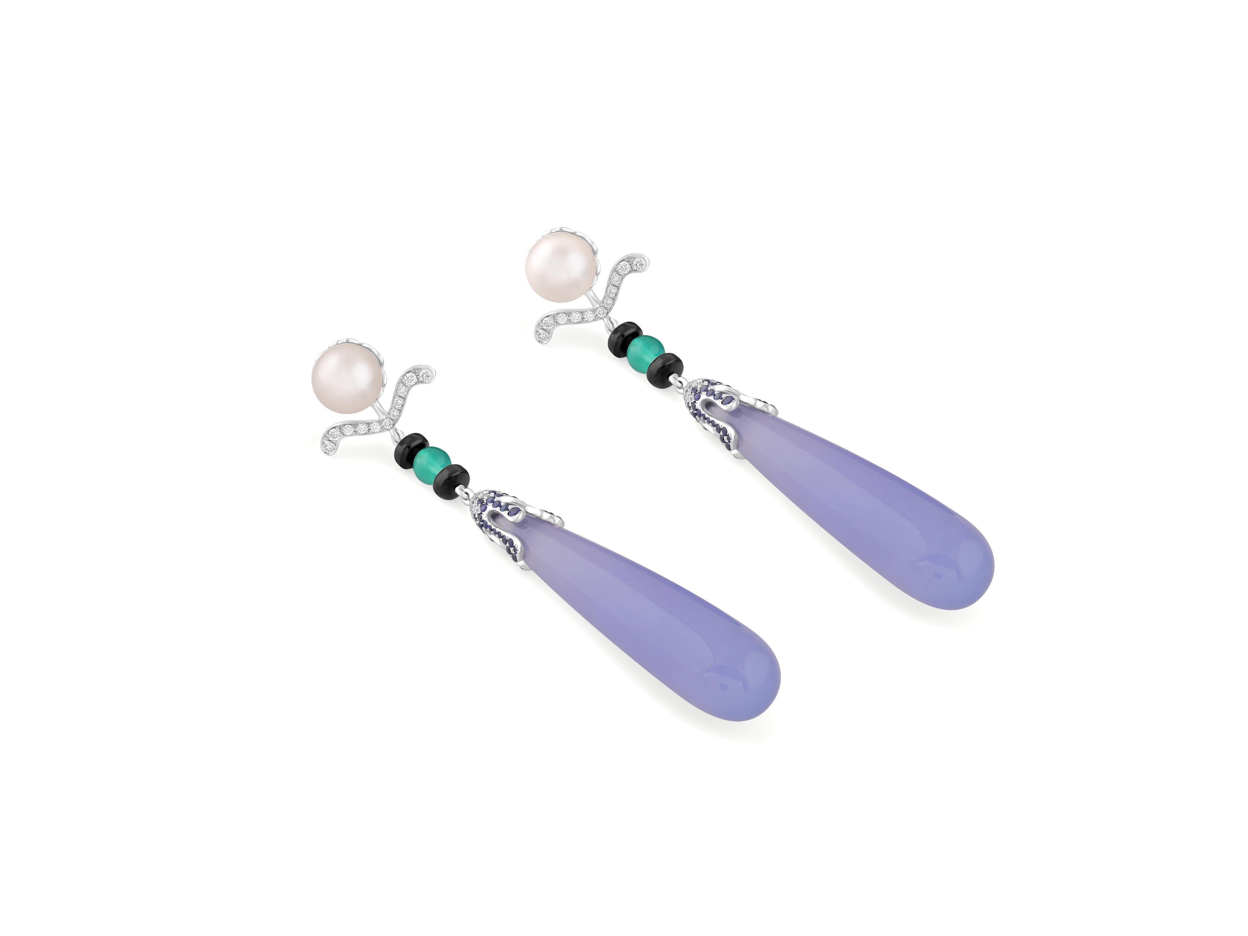 Round Cut Diamond and Chalcedony Earrings 18 Karat White Gold For Sale