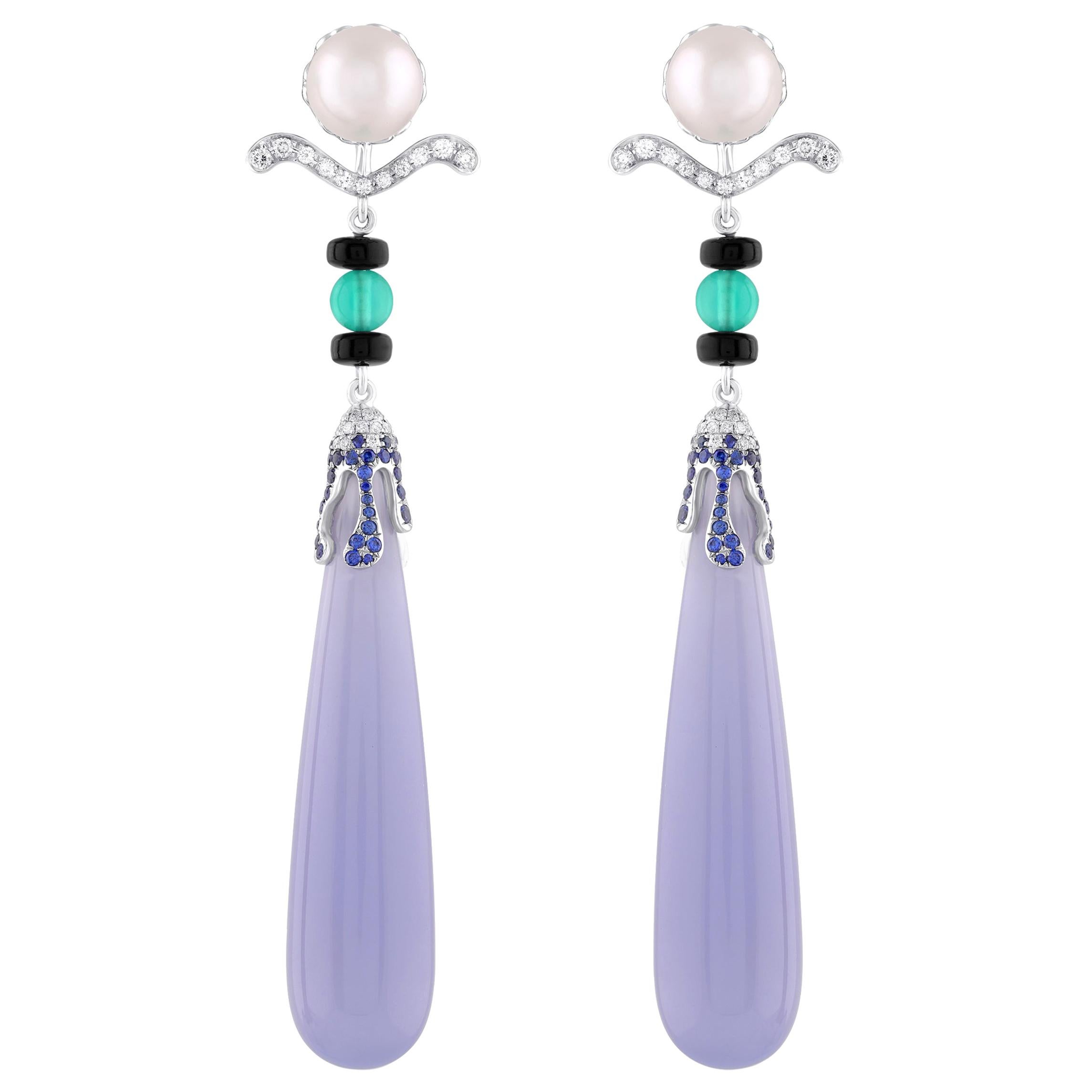 Diamond and Chalcedony Earrings 18 Karat White Gold For Sale