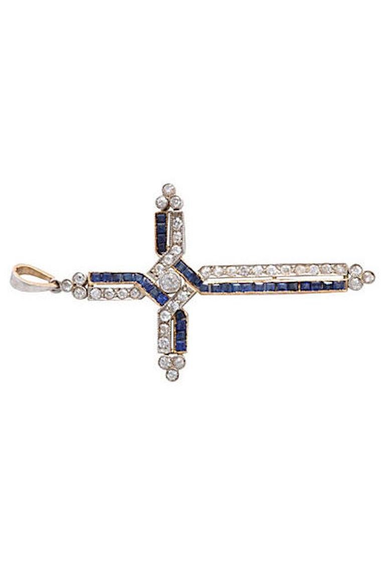 Diamond and Channel Set Sapphires Cross Pendant In Excellent Condition In Miami Beach, FL