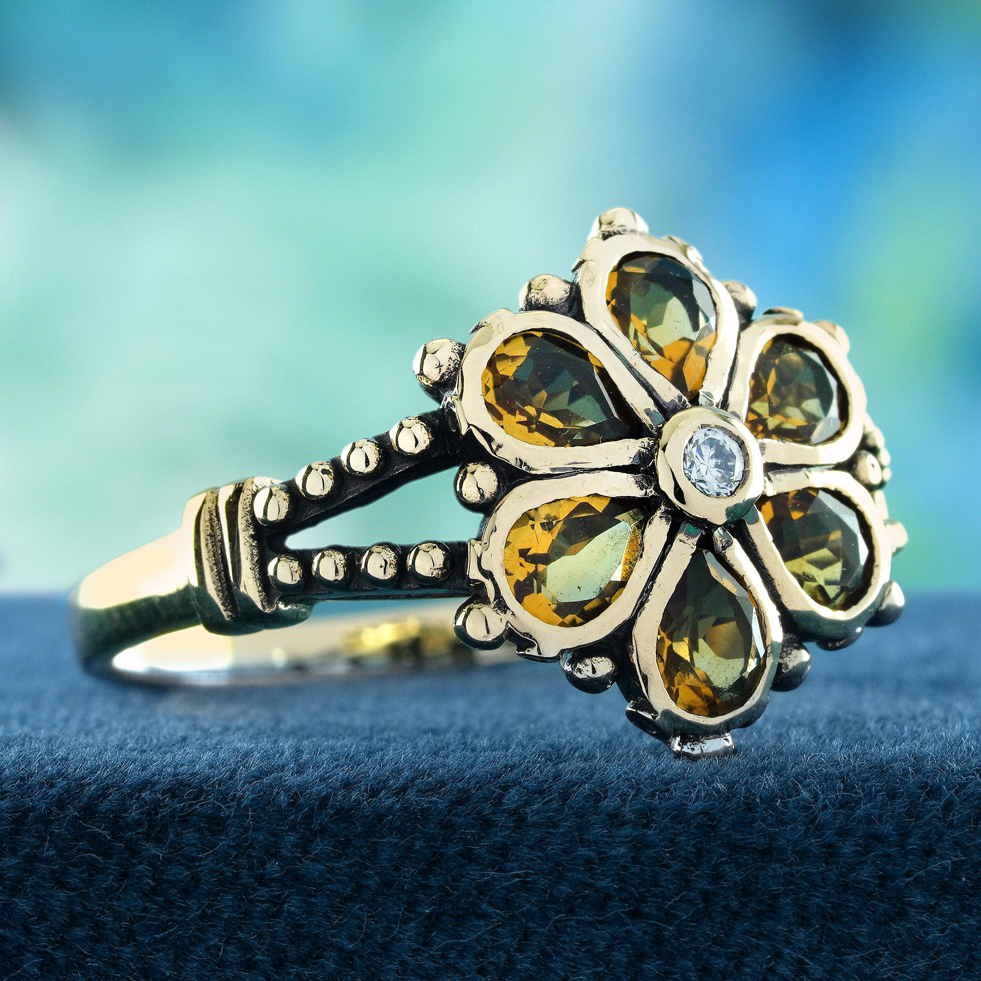 Edwardian Diamond and Citrine Vintage Style Floral Cluster Ring in Solid 9K Yellow Gold For Sale