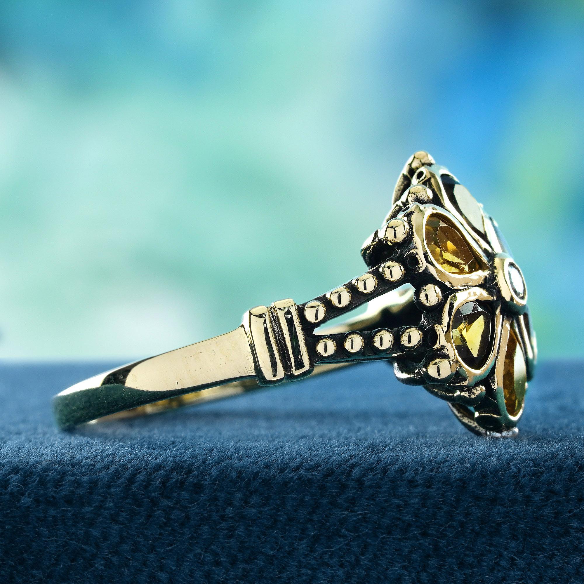 Round Cut Diamond and Citrine Vintage Style Floral Cluster Ring in Solid 9K Yellow Gold For Sale