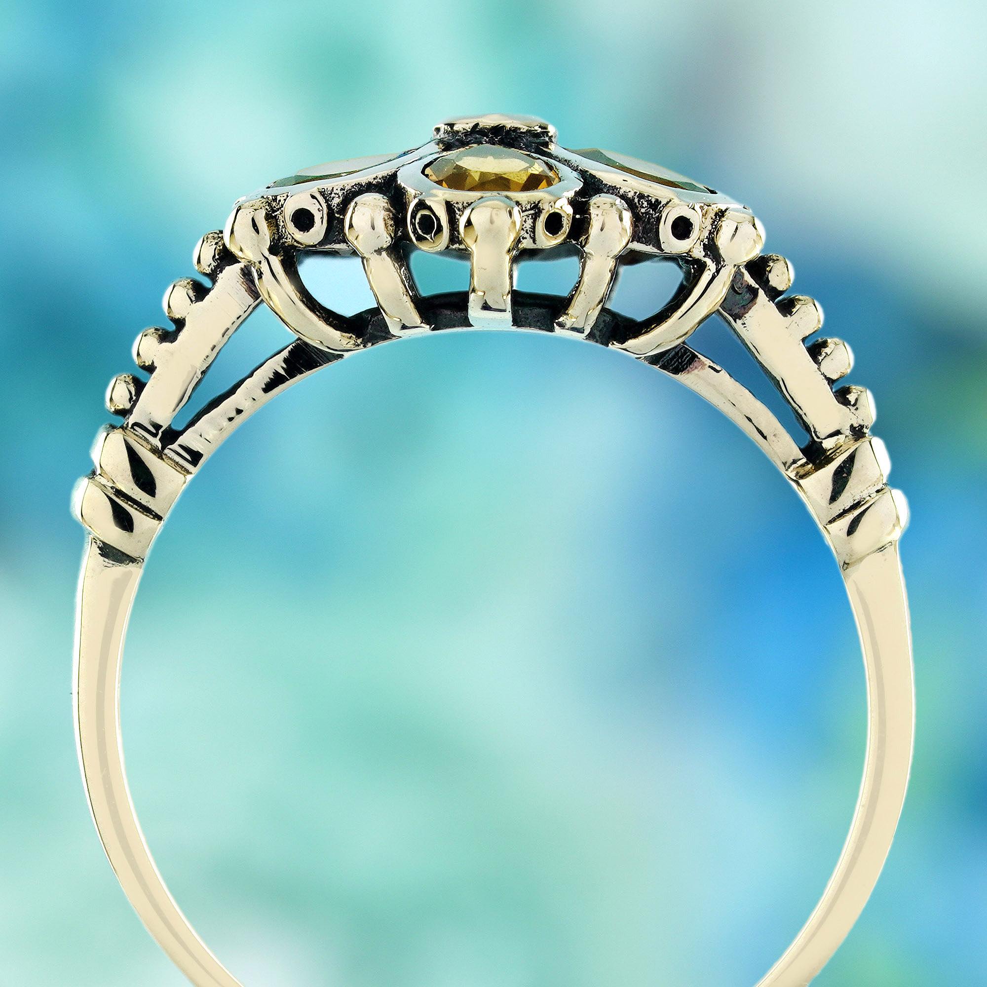 Diamond and Citrine Vintage Style Floral Cluster Ring in Solid 9K Yellow Gold In New Condition For Sale In Bangkok, TH