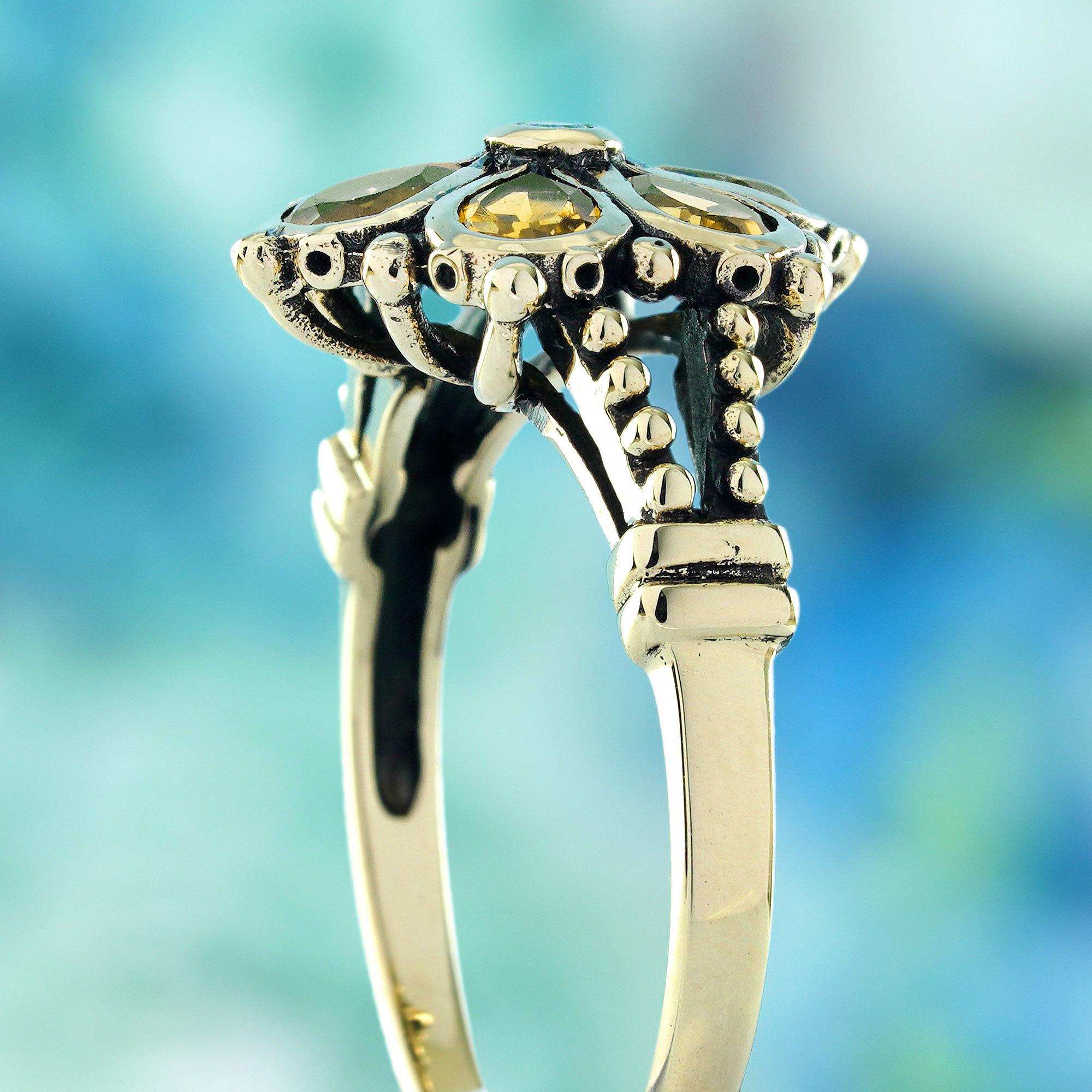 Women's Diamond and Citrine Vintage Style Floral Cluster Ring in Solid 9K Yellow Gold For Sale