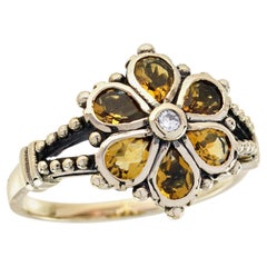Anillo Racimo Floral Estilo Vintage de Diamantes y Citrino en Oro Amarillo Macizo de 9 K