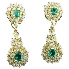 Diamond and Columbian Emerald Drop Earrings Set in 18 Karat Yellow Gold