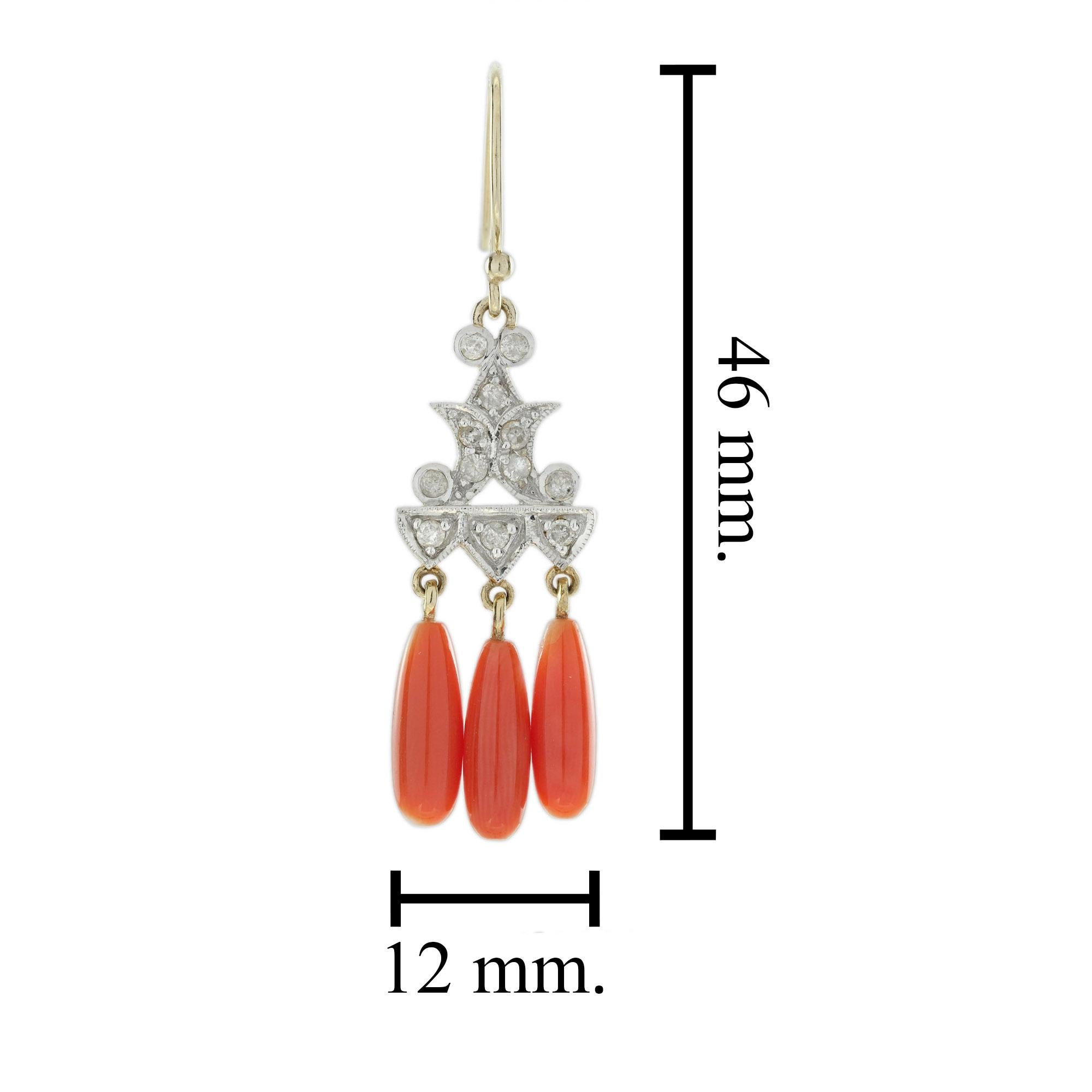 Diamant et corail  Pendants d'oreilles de style Art déco en or jaune 9 carats Neuf - En vente à Bangkok, TH