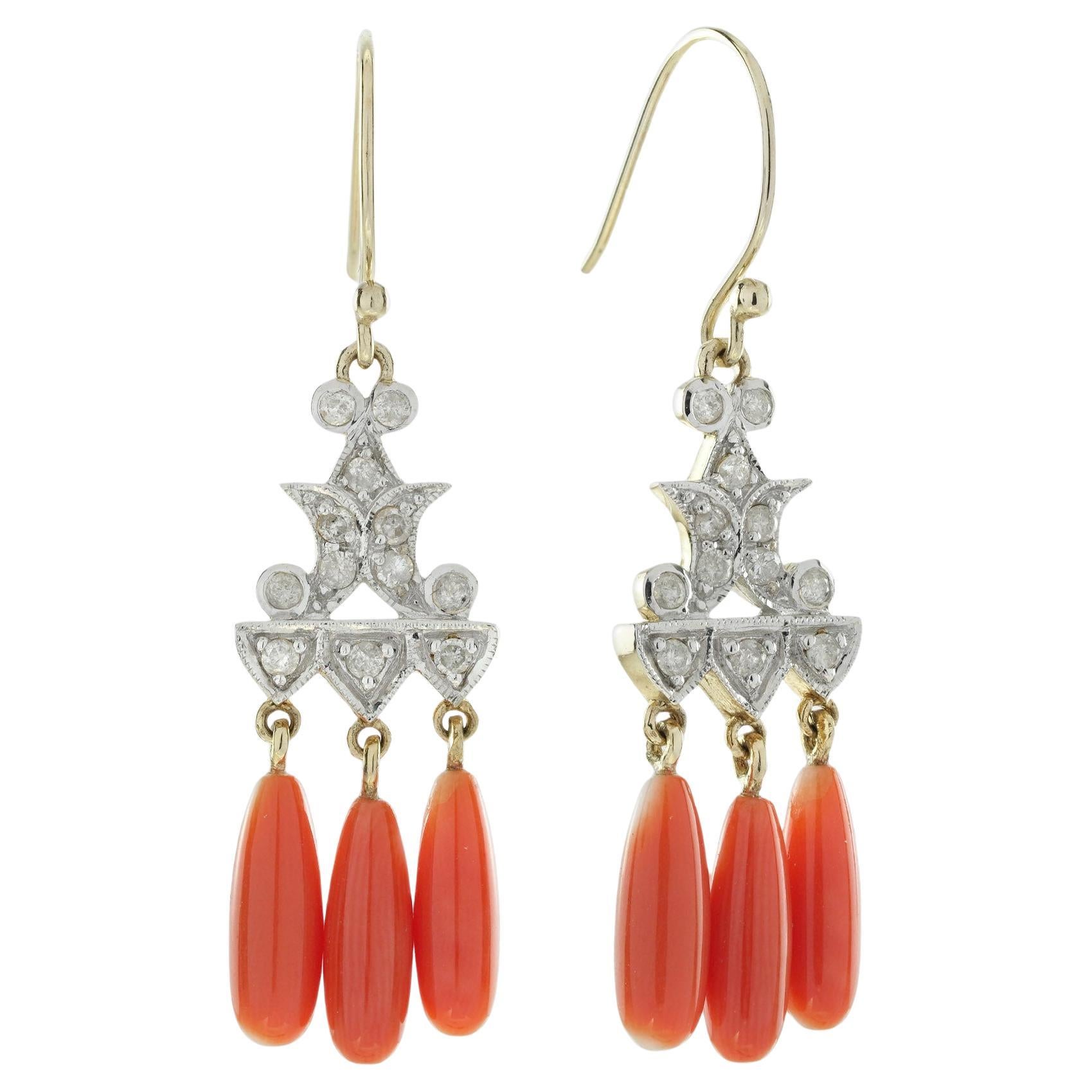Diamant und Koralle  Ohrhänger im Art-déco-Stil aus 9 Karat Gelbgold