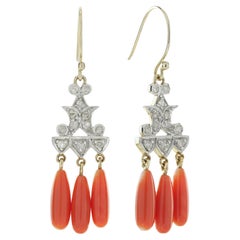 Diamond and Coral  Art Deco Style Dangle Earrings in 9K Yellow Gold