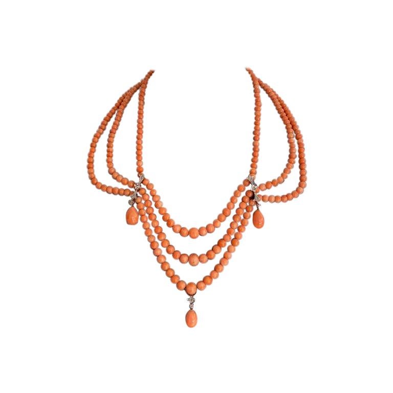 Diamond and angel's skin Coral Necklace from the 60s'.  For Sale