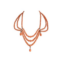 Vintage Diamond and angel's skin Coral Necklace from the 60s'. 