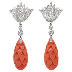 Diamond and Coral Pine Cone Drop Earrings