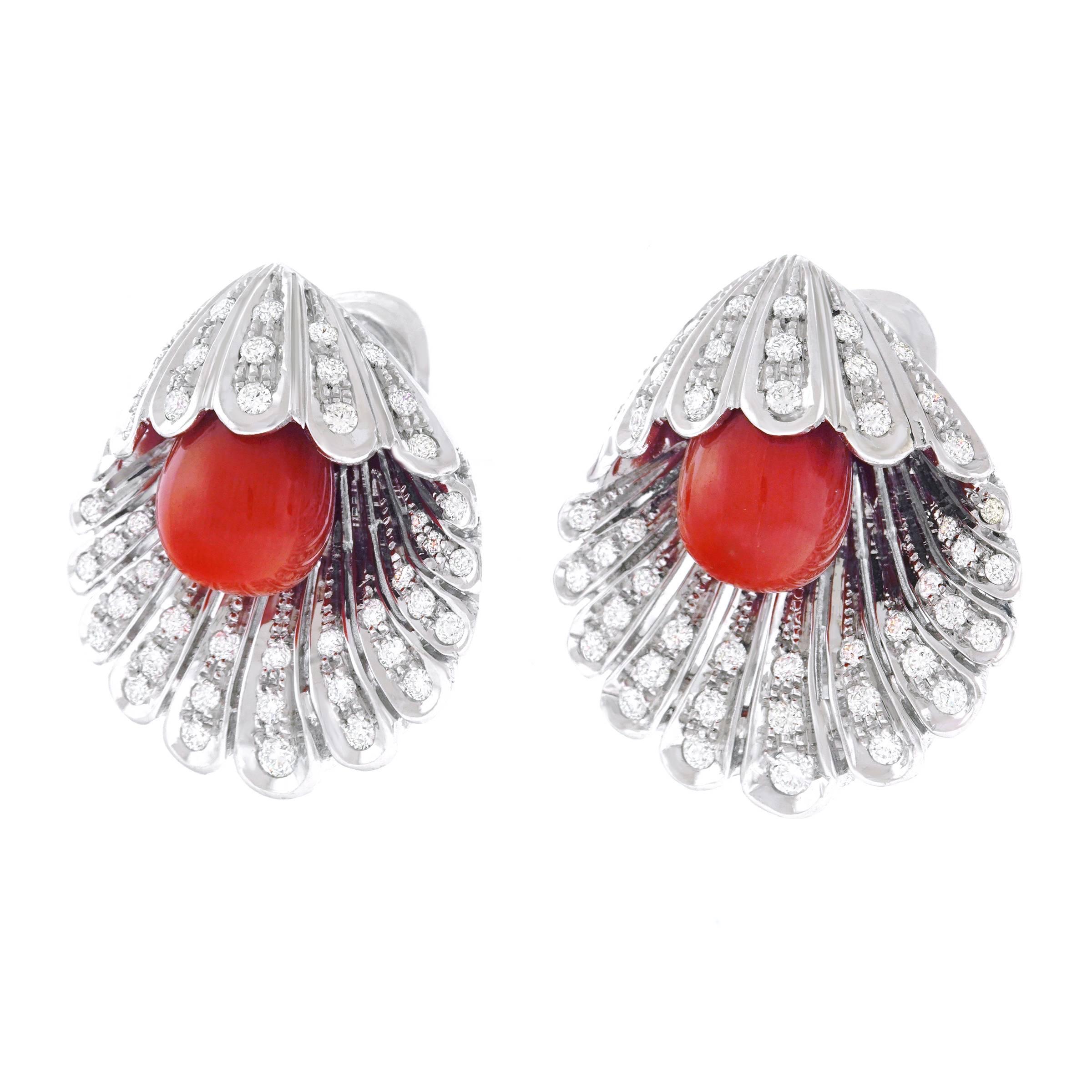 Diamond and Coral Shell Form 18k Earrings In Excellent Condition In Litchfield, CT