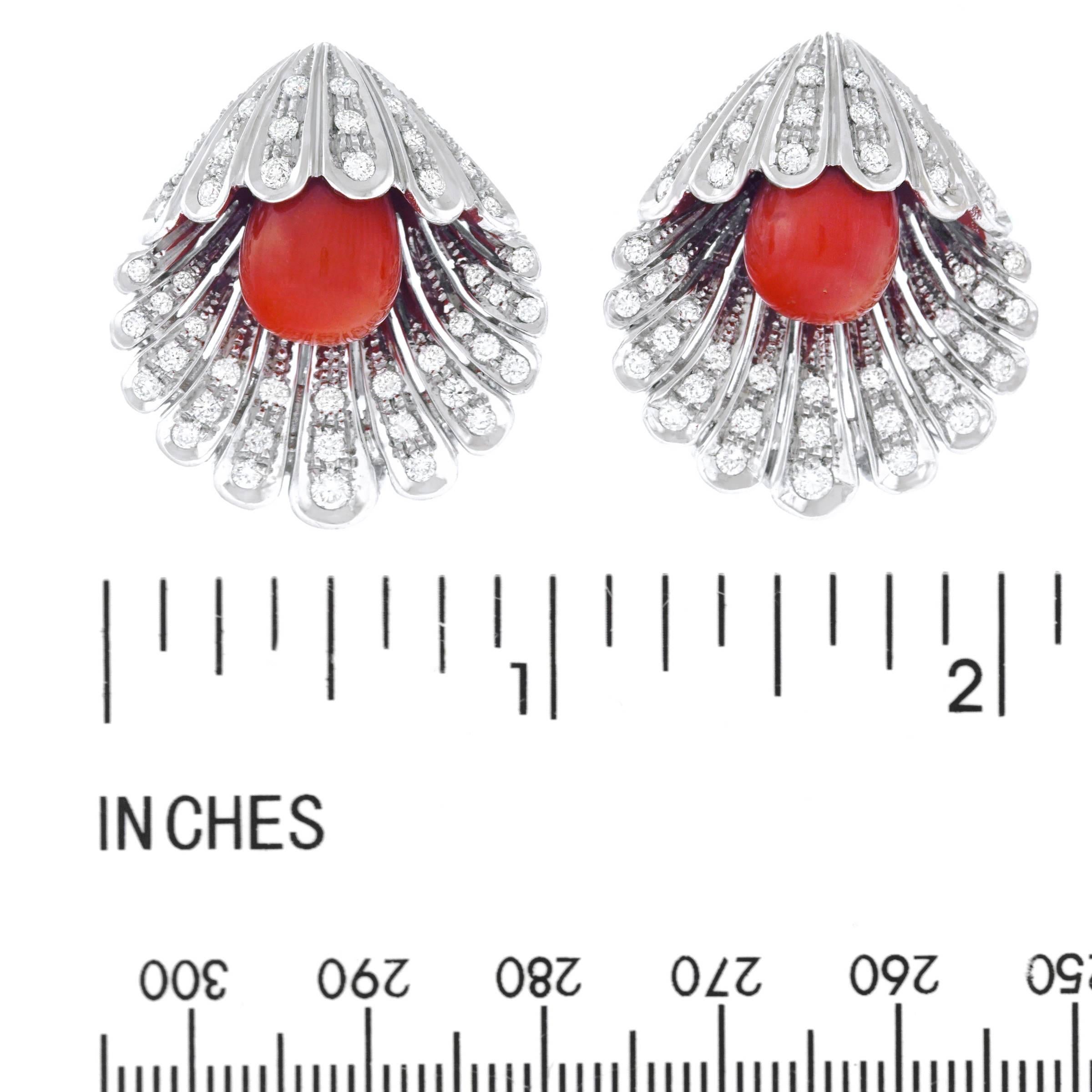 Diamond and Coral Shell Form 18k Earrings 2