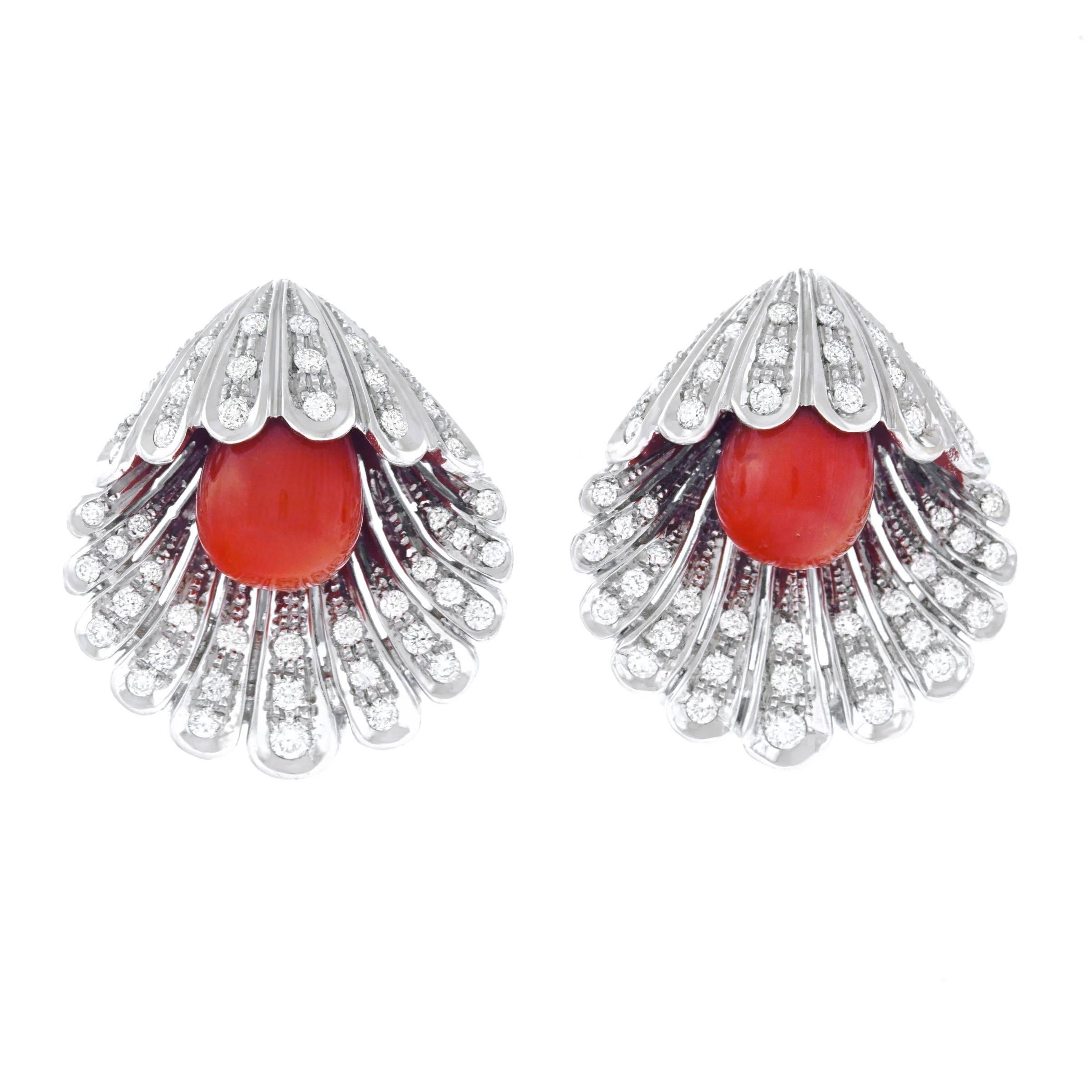 Diamond and Coral Shell Form 18k Earrings