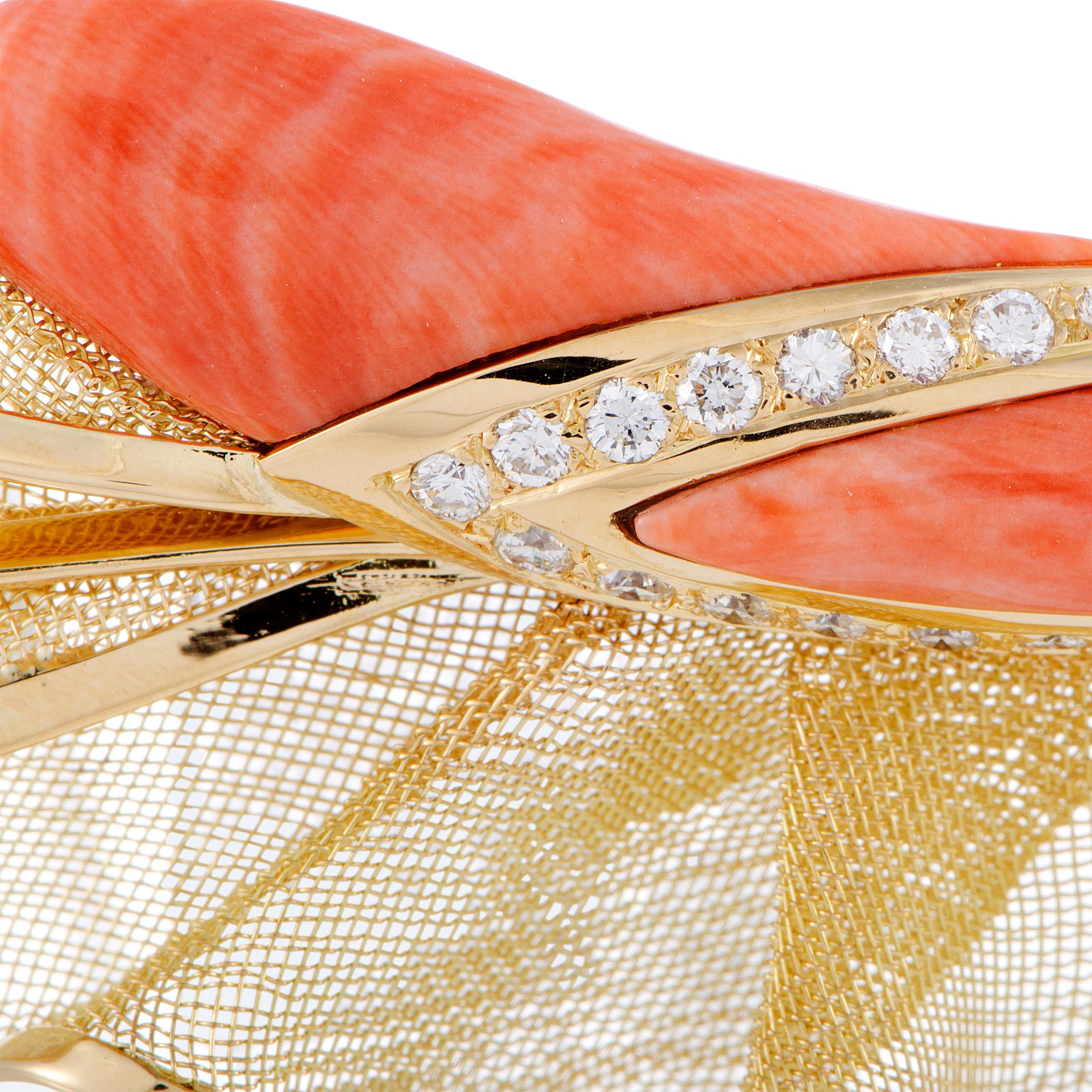 Women's Diamond and Coral Yellow Gold Brooch