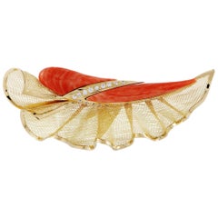 Diamond and Coral Yellow Gold Brooch