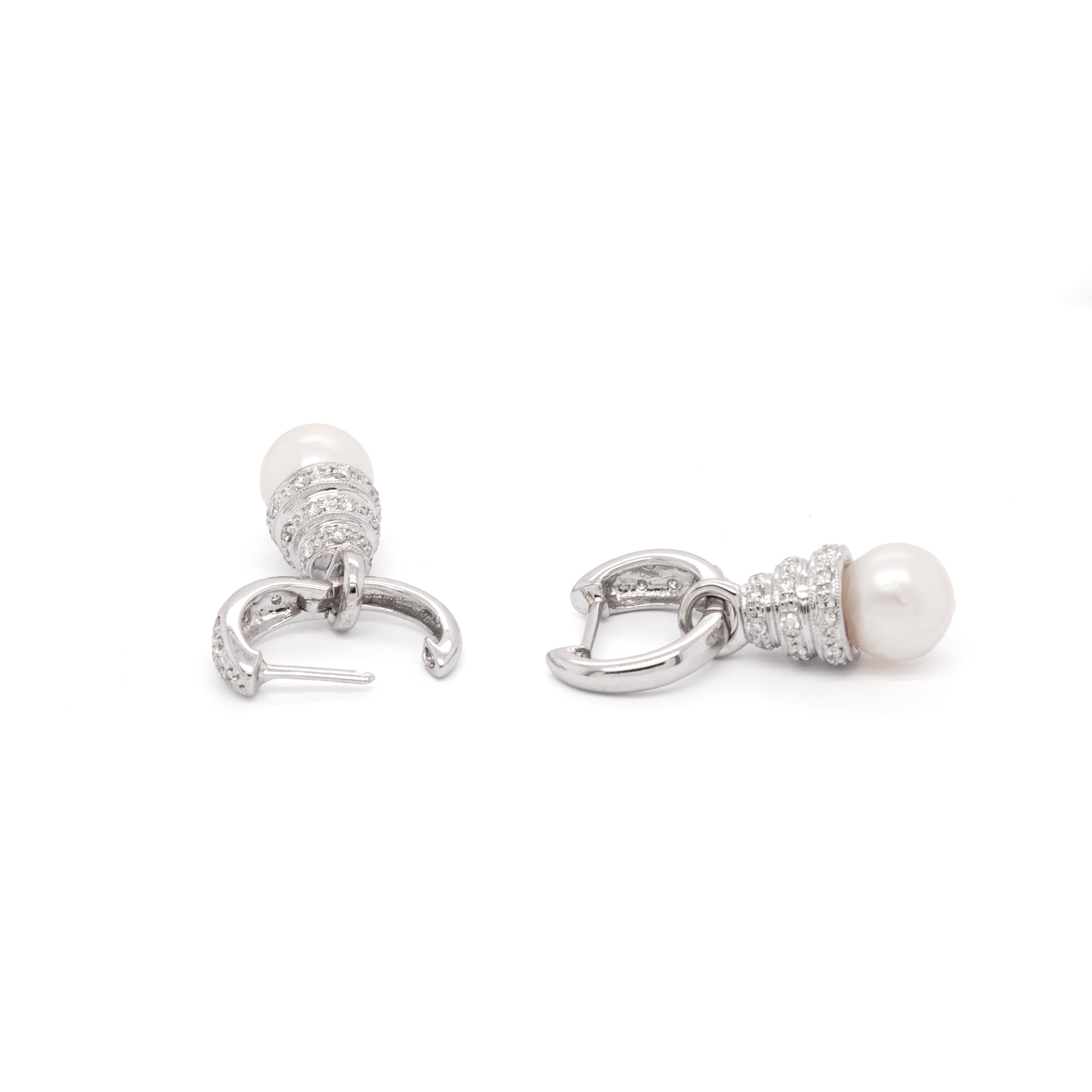 Modern Diamond and Cultured Pearl 18 Carat White Gold Day and Night Dangle Earrings For Sale