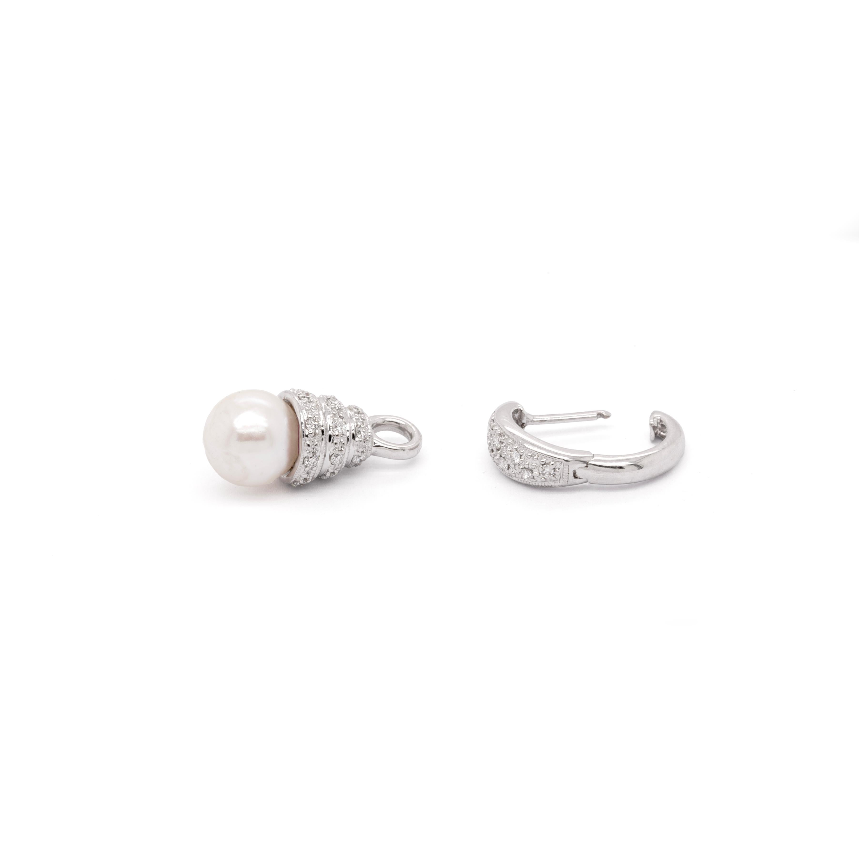Brilliant Cut Diamond and Cultured Pearl 18 Carat White Gold Day and Night Dangle Earrings For Sale