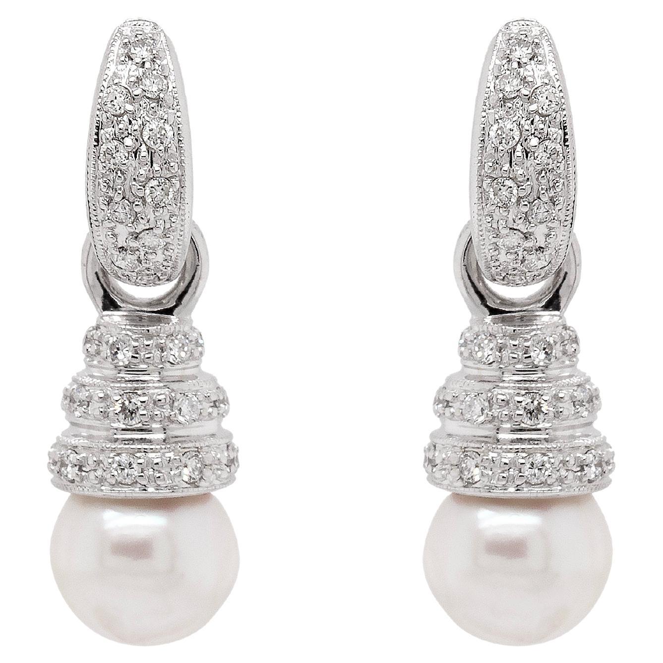 Diamond and Cultured Pearl 18 Carat White Gold Day and Night Dangle Earrings
